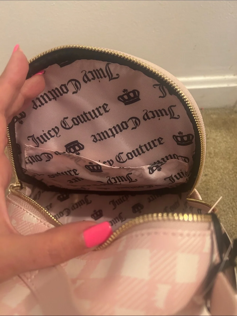 Juicy Couture Pink Gingham Mini Backpack with Fluffy Pom Charm